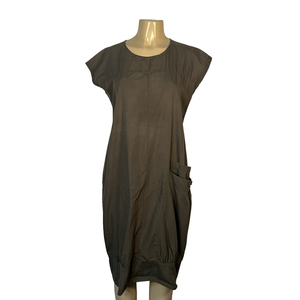 Nicobar Lagenlook Minimalist Dress Womens Medium Olive Green Cap‎ Sleeve Pockets